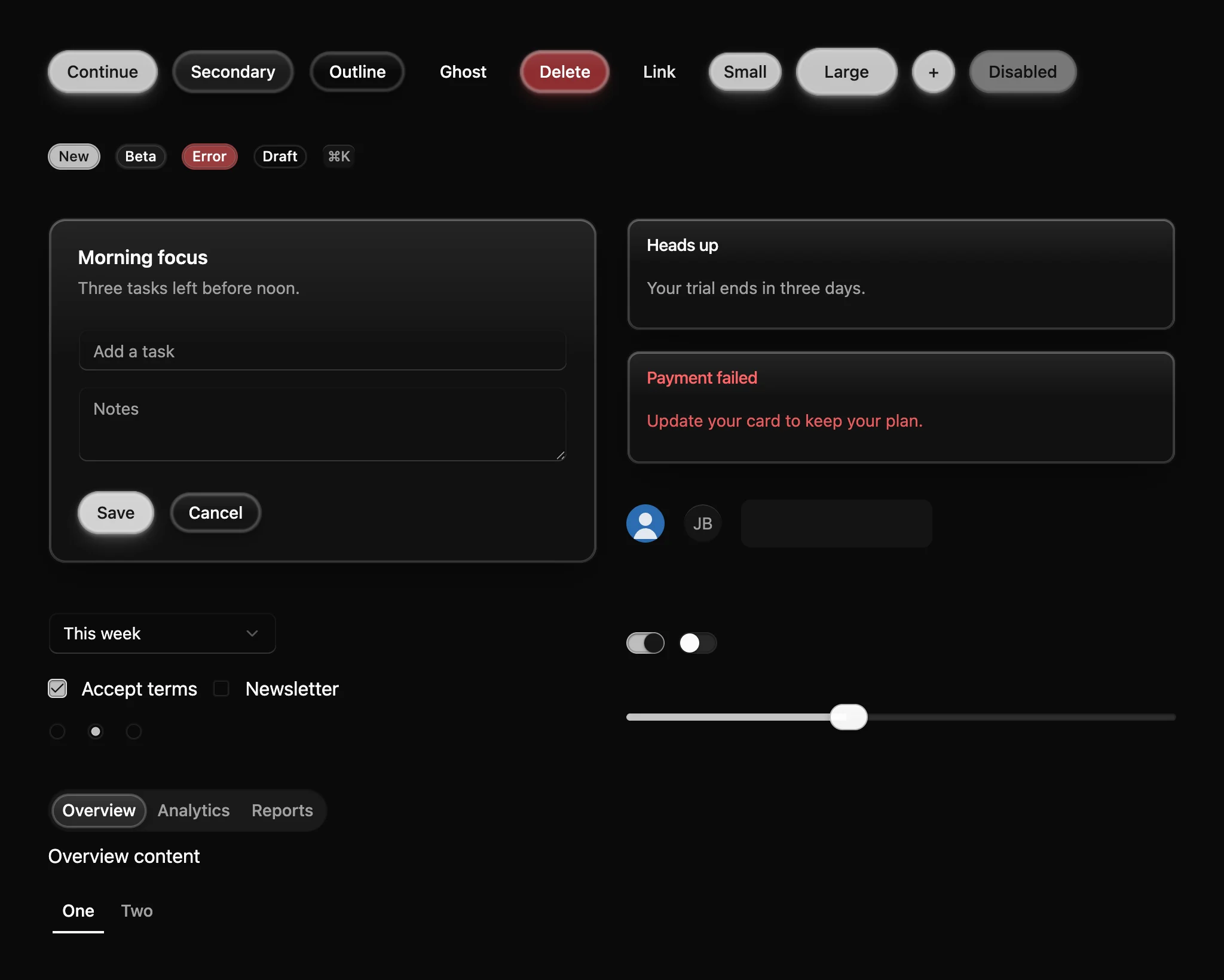 The themed components in dark mode on a plain dark page