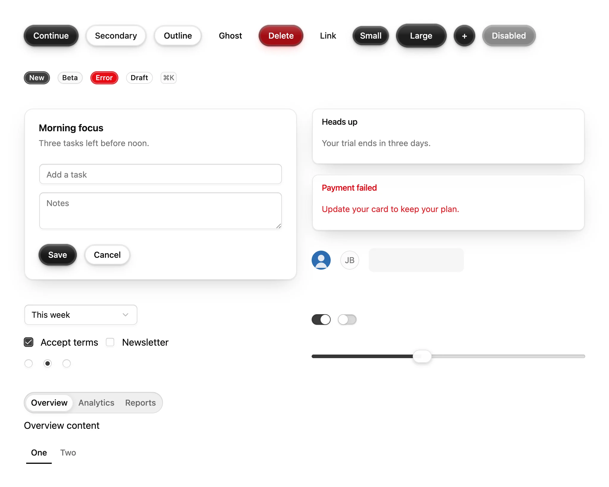 The same shadcn/ui components after installing the Glassy UI theme: tinted glass buttons, a frosted card with lit rims and recessed fields