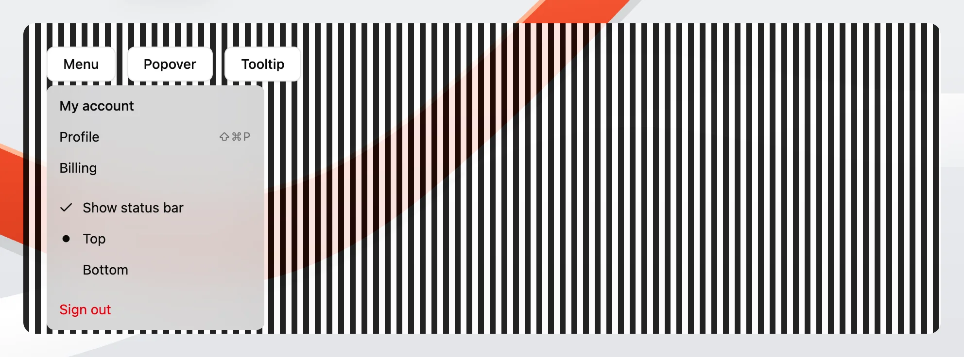 An open shadcn/ui dropdown menu as frosted glass over black and white stripes, which blur behind it