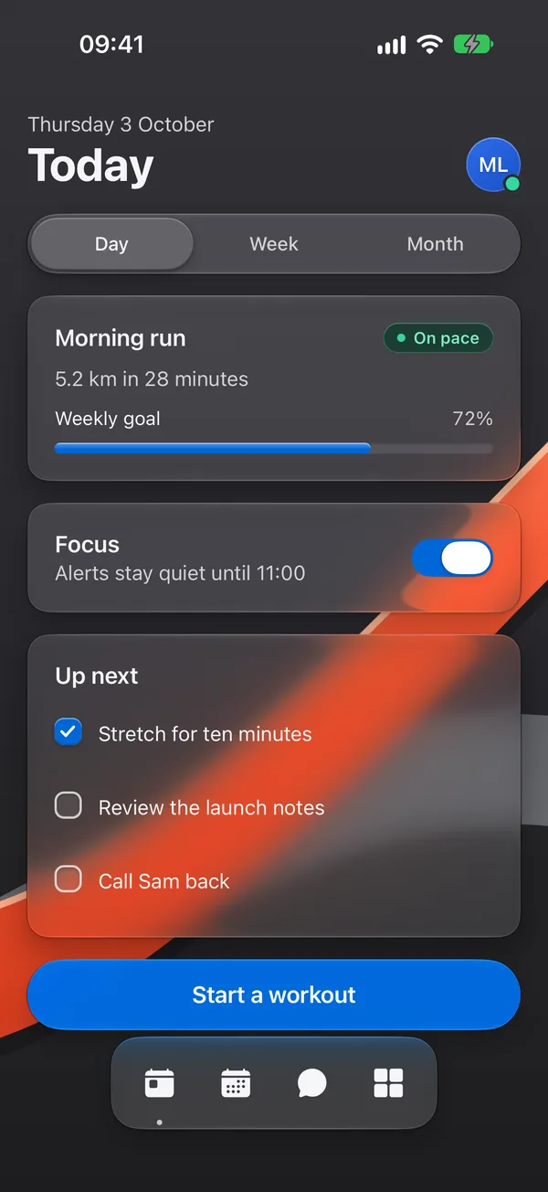 A Today screen built from Glassy UI components on iOS 27: Liquid Glass cards, a segmented control, a switch, checkboxes and a dock over red ribbon artwork.