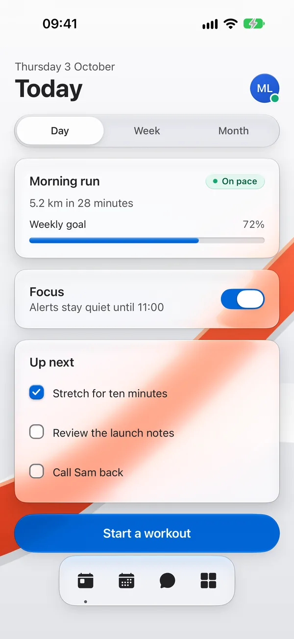 A Today screen built from Glassy UI's React Native components on iOS: glass cards, a segmented control, a switch, checkboxes and a dock over red ribbon artwork.