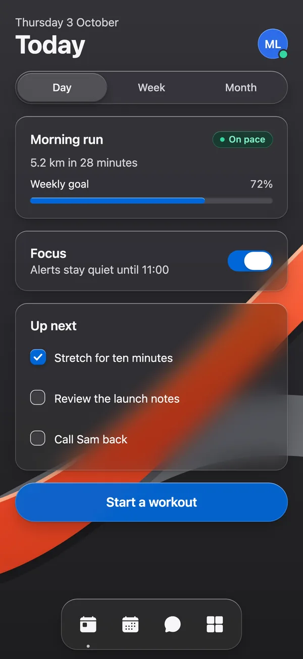 The same Today screen in a phone-sized browser window, its glass blurred with CSS.
