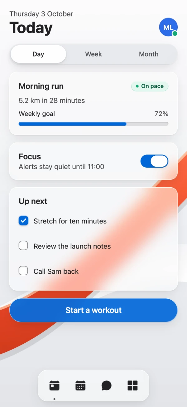The same Today screen in a phone-sized browser window, its glass blurred with CSS.